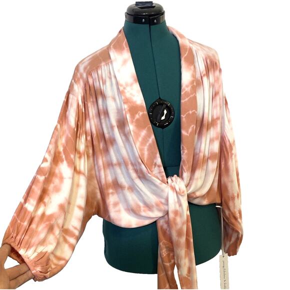 YOUNG FABULOUS & BROKE Carmen Tie-Dye wrap Top NWT XS Oversized Pink Tie Front - Picture 1 of 13